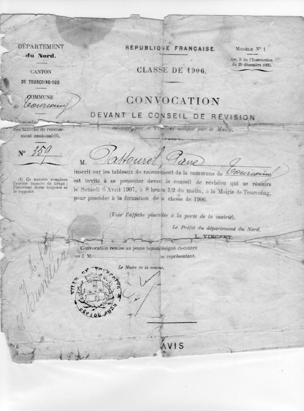 Convocation conseil de révision, P. PASTOUREL